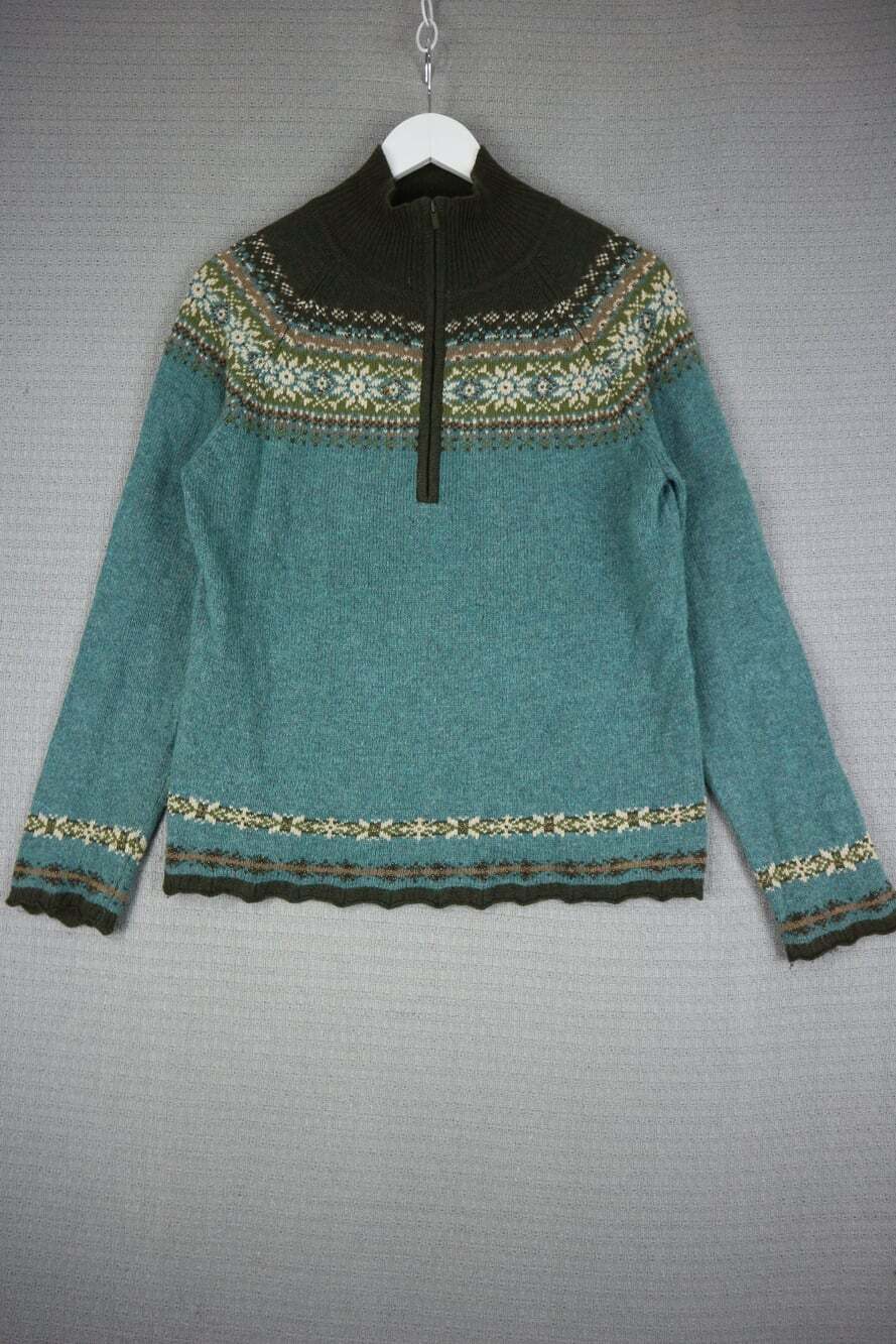 Vintage Eddie Bauer Collectibles Fair Isle Beaded Half Zip Sweater Medium Teal